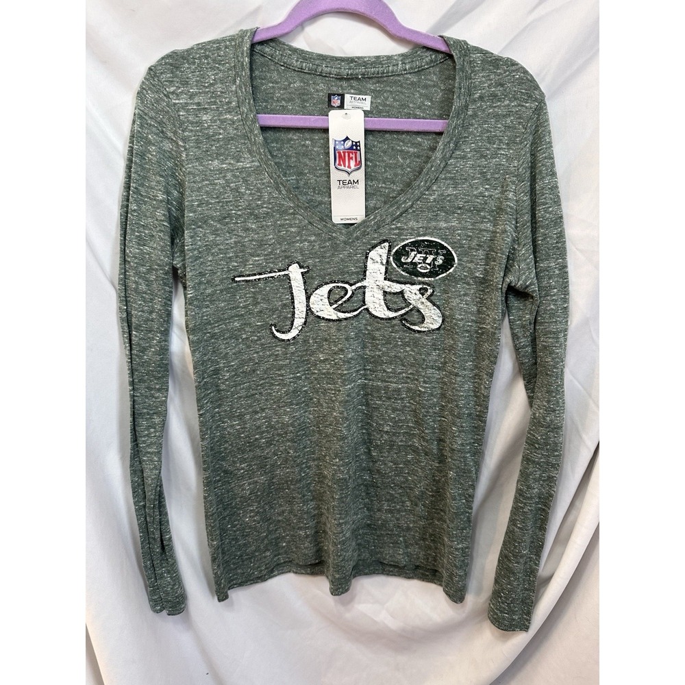 NFL Team Apparel NY Jets Women's Long Sleeve V-Neck T-Shirt Green Heather NWT